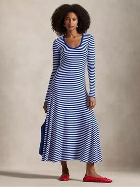 Blue & White Striped Long Sleeve Maxi Dress